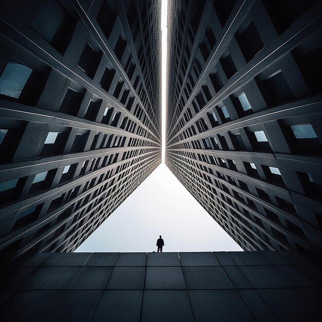 Foto veduta aerea di una persona in piedi in un grande edificio generativo ai