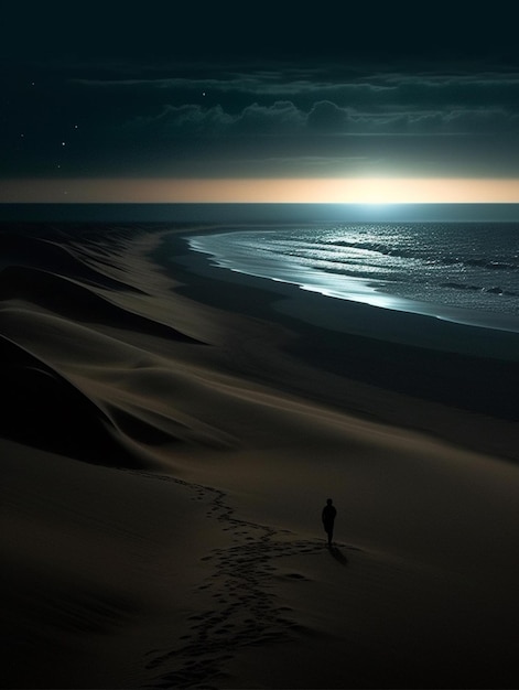 Arafed view of a person walking on a beach at night generative ai