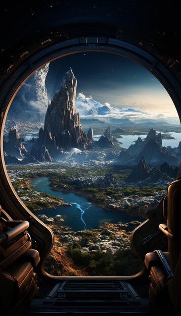 Arafed view of a planet with a lake and mountains from a spaceship window generative ai