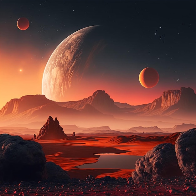 Арафед вид на планету с красным небом и озером, генерирующим ИИ