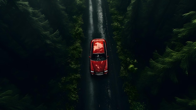 Photo arafed view of a red car driving down a road in the middle of a forest generative ai