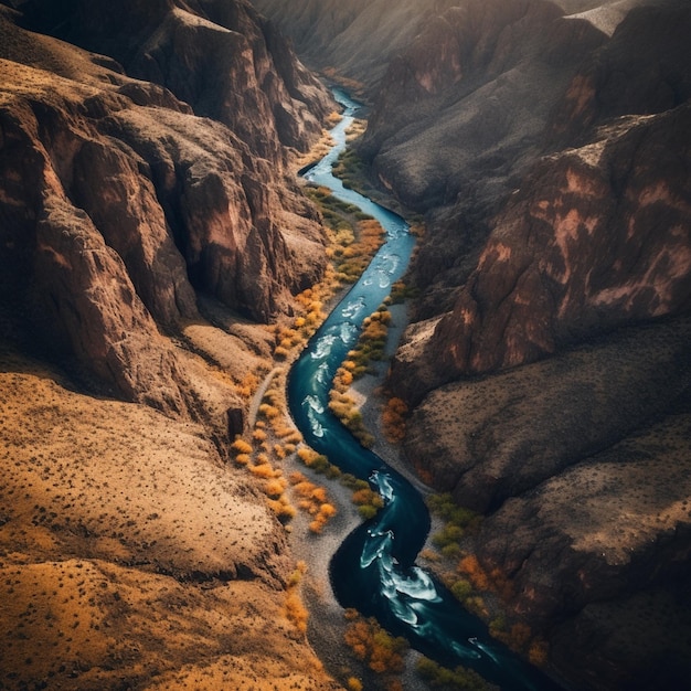 전경 생성 인공 지능에 나무가 있는 협곡을 흐르는 강의 Arafed 보기