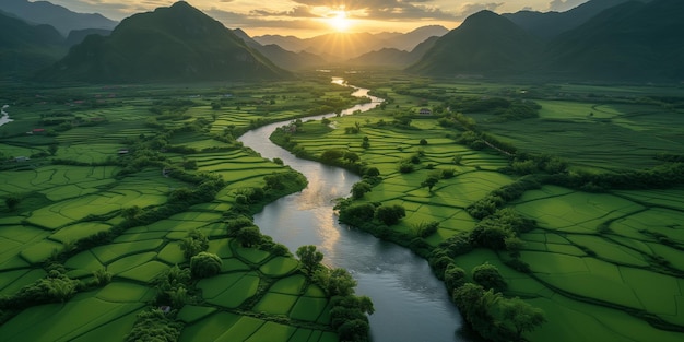 arafed view of a river running through a lush green valley generative ai