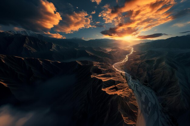 arafed view of a river running through a valley in the mountains generative ai
