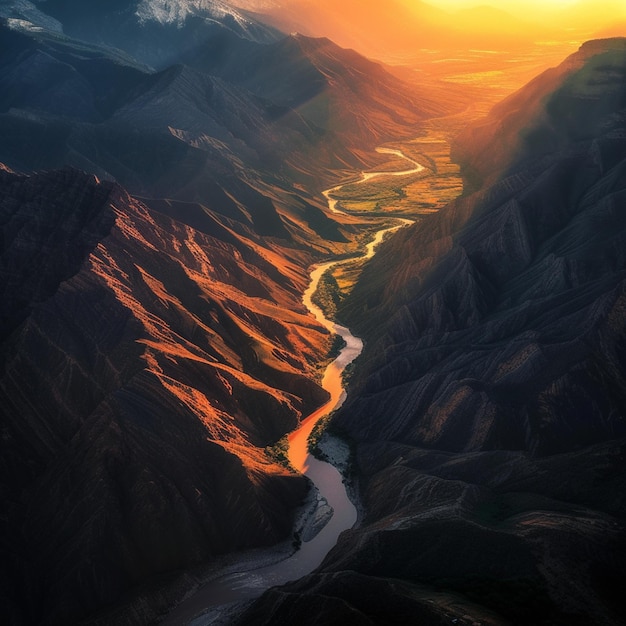 arafed view of a river running through a valley in the mountains generative ai