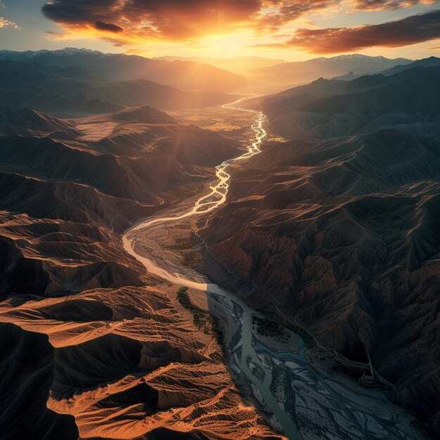 arafed view of a river running through a valley at sunset generative ai