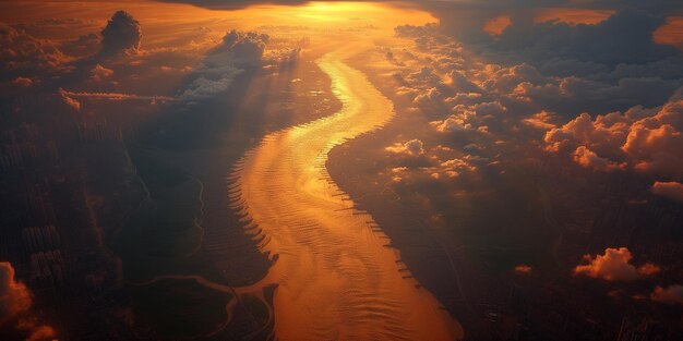 Арафидный вид реки, протекающей через долину с облаками генеративный ай