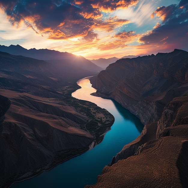 arafed view of a river running through a valley with mountains in the background generative ai