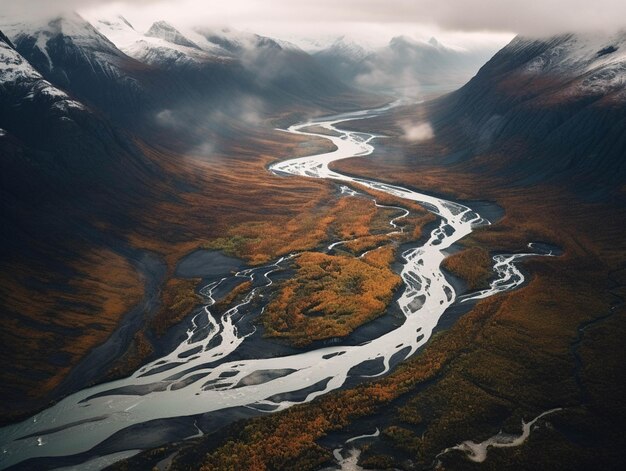 Arafed view of a river running through a valley with mountains in the background generative ai