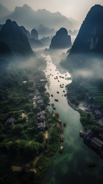 Photo arafed view of a river with many boats in it generative ai