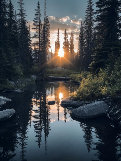 Foto vista arafed di un fiume con rocce e alberi sullo sfondo generativo ai