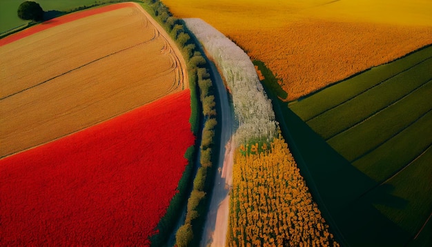 Arafed view of a road in a field with a tree generative ai