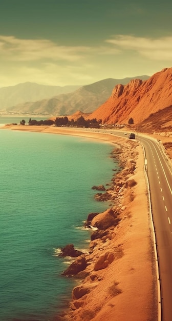 arafed view of a road going along a beach with a body of water generative ai