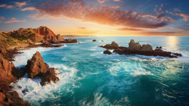 Foto vista arrafed di una costa rocciosa con le onde che si schiantano contro le rocce generativo ai