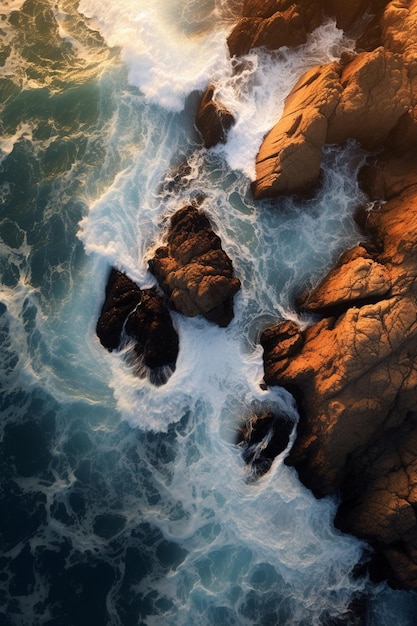 Arafed view of a rocky coastline with waves crashing against the rocks generative ai