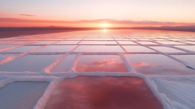 arafed view of a salt pan with a sunset in the background generative ai