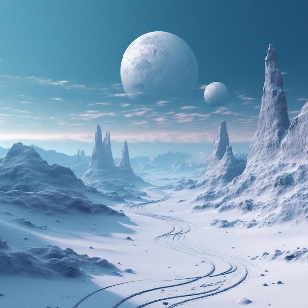 Arafed view of a snowy landscape with a distant planet in the distance generative ai