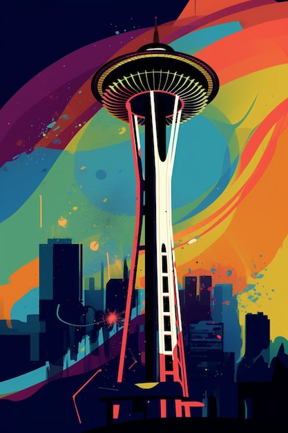 Arafed view of a space needle with a rainbow in the background generative ai