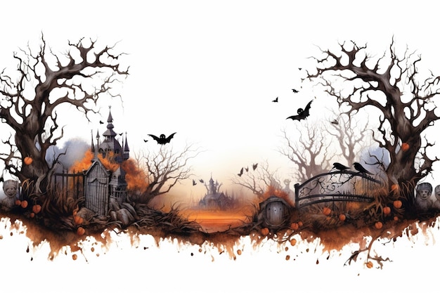 Photo arafed view of a spooky graveyard with a cemetery and bats generative ai