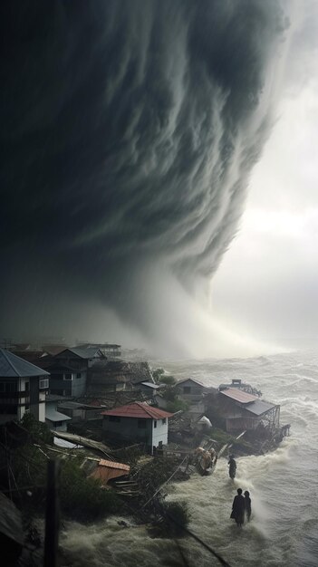 Arafed view of a storm moving over a beach with people in the water generative ai