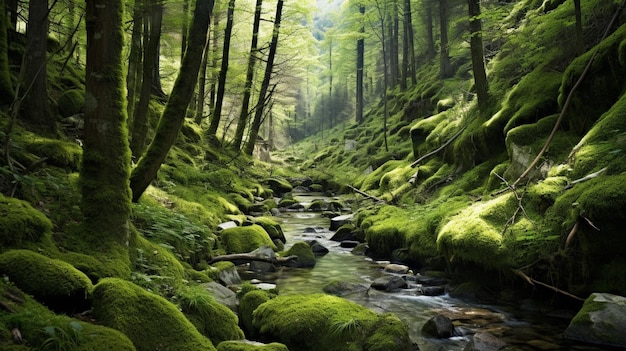 arafed view of a stream running through a forest with mossy rocks generative ai