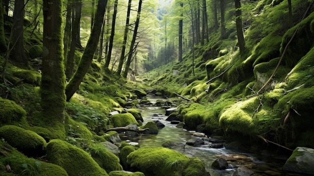 Arafed view of a stream running through a forest with mossy rocks generative ai