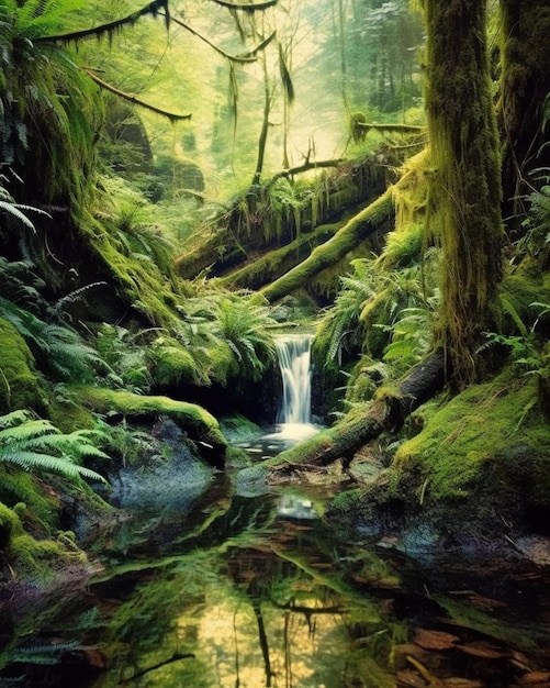 Arafed view of a stream running through a lush green forest generative ai