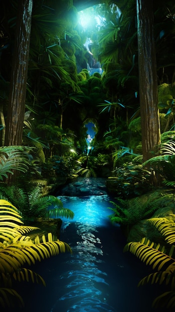 вид на ручей в тропическом лесу с деревьями, генеративным ИИ