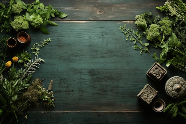 Arafed view of a table with herbs and spices on it generative ai