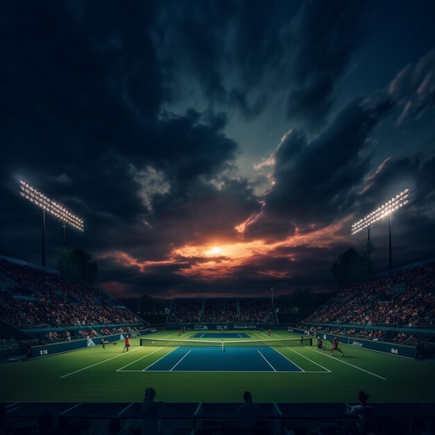 Arafed view of a tennis court with a sky background generative ai