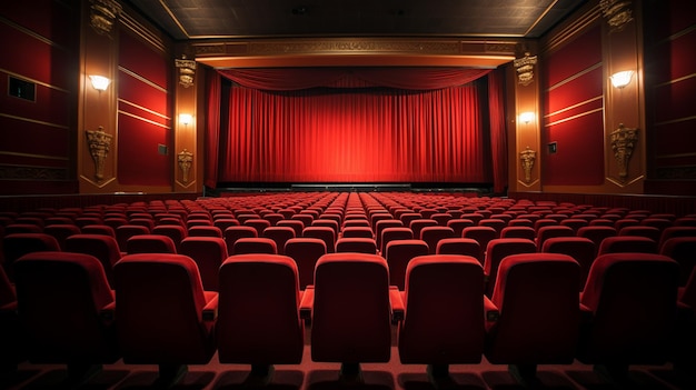 Arafed view of a theater with red seats and a red curtain generative ai