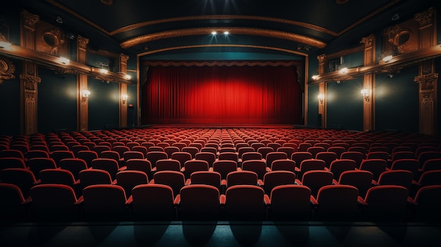 Арафированный вид на театр с красными сиденьями и красной занавеской, генерирующий искусственный интеллект