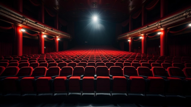 赤い座席とスポットライトの生成 AI を備えた劇場のアラフェドの眺め