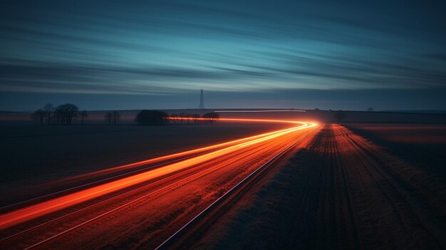 Photo arafed view of a train track with a car light streaking through it generative ai