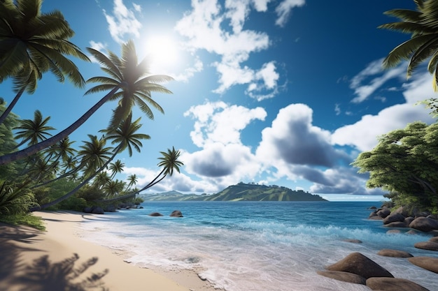 Arafed view of a tropical beach with palm trees and rocks generative ai