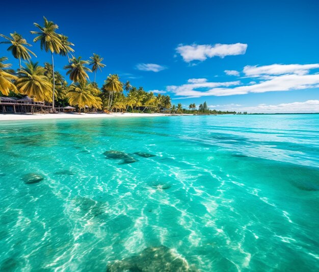 arafed view of a tropical beach with a sandy beach and palm trees generative ai