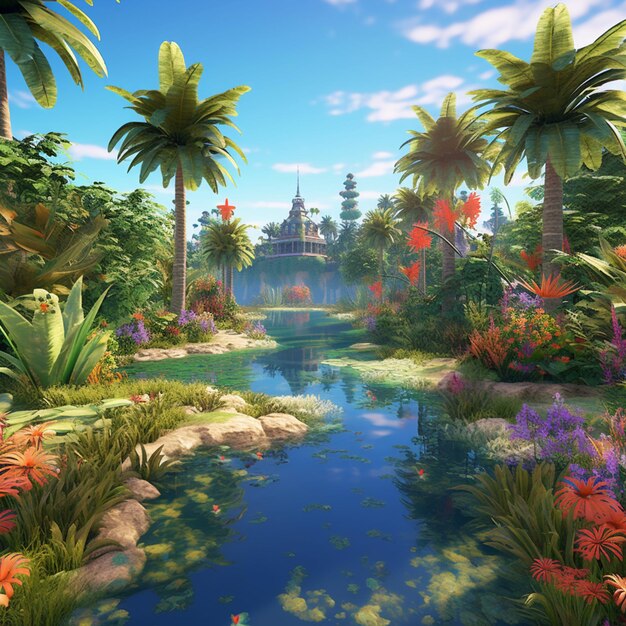 Arafed view of a tropical garden with a pond and palm trees generative ai