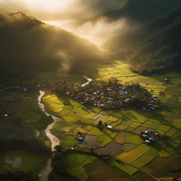 Arafed view of a village in a valley with a river running through it generative ai