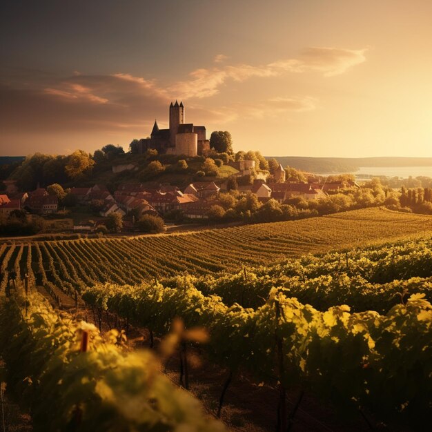 Arafed view of a vineyard with a castle in the background generative ai