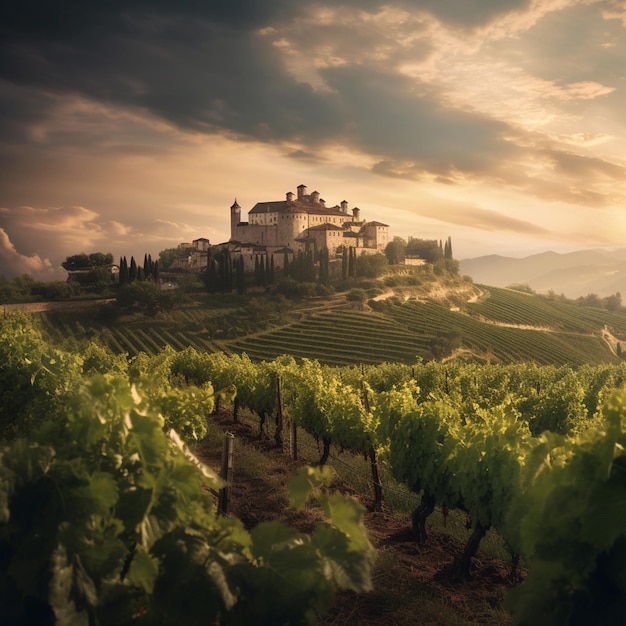 Arafed view of a vineyard with a castle in the background generative ai