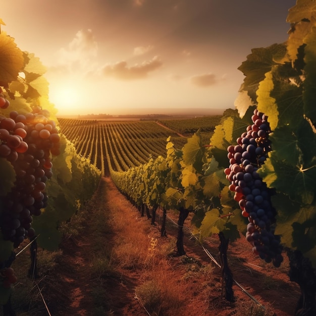 Arafed view of a vineyard with rows of grapes in the foreground generative ai