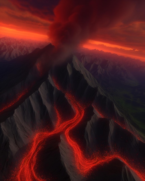 arafed view of a volcano with lava and lava flowing down it generative ai