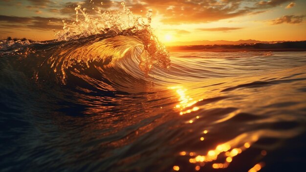 arafed view of a wave breaking into the ocean at sunset generative ai