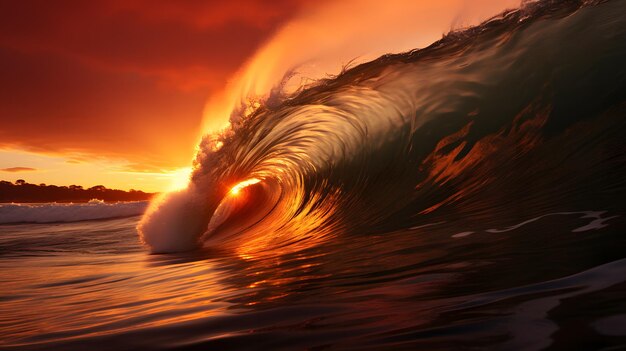Arafed view of a wave breaking into the ocean at sunset generative ai