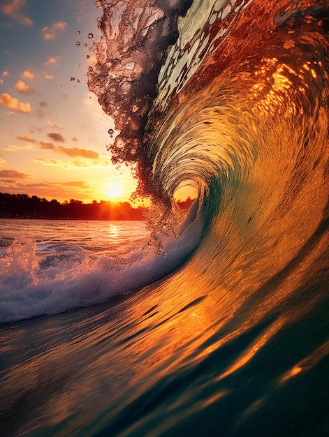 Foto vista raffigurata di un'onda che irrompe nell'oceano al tramonto