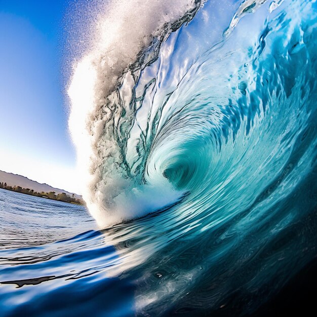 Arafed view of a wave breaking into the ocean with a blue sky generative ai