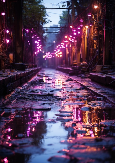 Arafed view of a wet street with lights reflecting in the water generative ai