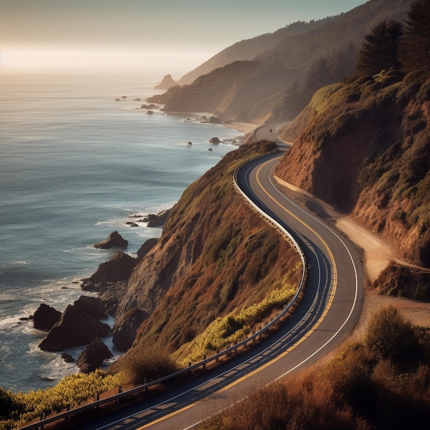 Arafed view of a winding road along the coast with a view of the ocean generative ai