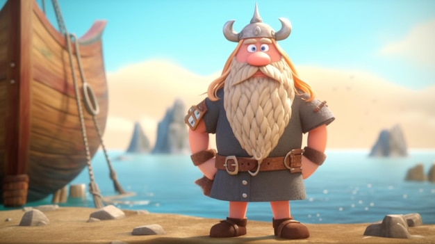 Arafed viking standing on a beach with a boat in the background generative ai