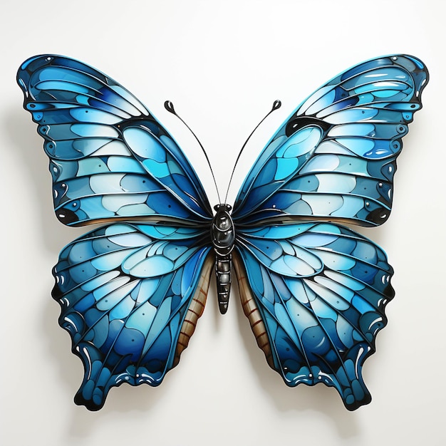 Arafed vlinder met blauwe vleugels op een witte muur generatieve ai